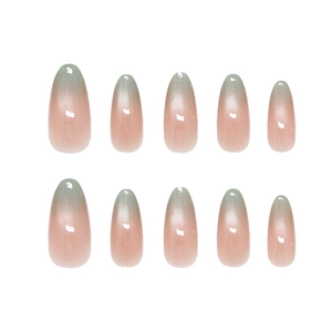 Almond-shaped press-on nails with ice-mist gradient and high gloss finish, 10-piece set
