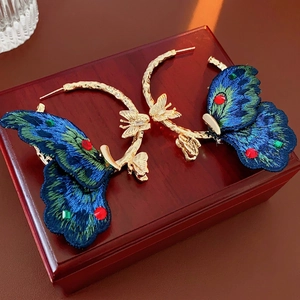 Orecchini A Cerchio A Farfalla Con Tessuto Ricamato Strass Stile Etnico Vintage Gioielli Da Donna Con Perno In Argento