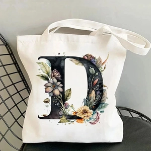 Canvas Tote Bag Floral Initial Letter Alphabet Shoulder Shopping Handbag Aesthetic Eco Friendly Cotton Reusable For Students