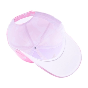 Internal view of pink camouflage baseball cap with adjustable strap and white sweatband