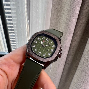 Men's square quartz watch with green checkered dial and green silicone strap