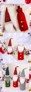 Detail of checkered gnome wine bottle covers with faux fur beards and wooden buttons