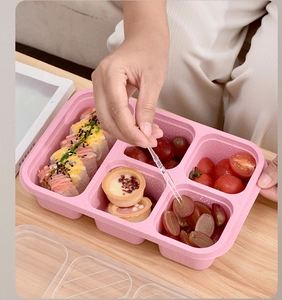 Detailed view of pink wheat straw lunch box with four compartments and clear lid