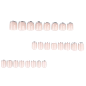 Short square silver French tip press-on nails set with 24 nude pink pieces