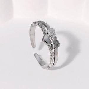 Silver bow and heart stainless steel open ring with a polished adjustable band