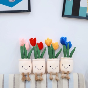 Row of four plush tulip plants in pink, red, yellow, and blue with smiling faces