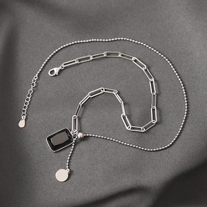 925 silver square zircon necklace with asymmetric silver bead chain and black gemstone pendant