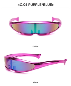 Front and 45-degree side view of futuristic purple Y2K cycling sunglasses with blue lenses