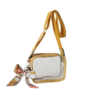 Transparent PVC small square bag with yellow wide strap and decorative floral silk scarf