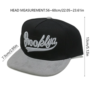 Detail view of Brooklyn snapback hat showing 56-60cm circumference and size dimensions