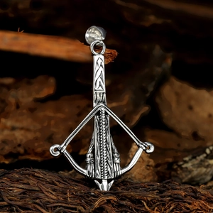 Retro stainless steel crossbow pendant necklace for men with textured details on wood