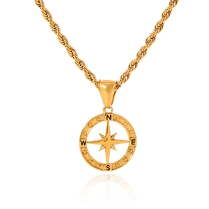 Collana a catena in acciaio dorato con ciondolo a bussola a stella scavata
