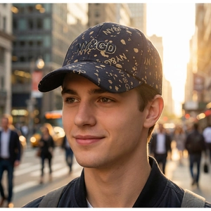 Detailed close-up of blue baseball cap with gold splatter texture and NY&GD embroidery
