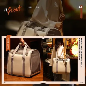 Portable breathable pet carrier bag in beige and grey for cats and small dogs