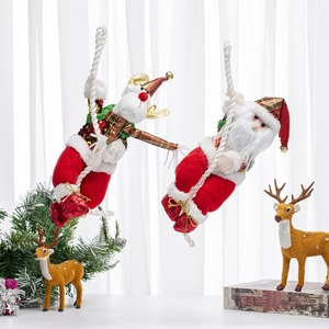Hanging Santa Claus and Reindeer plush dolls on white rope for Christmas home decor