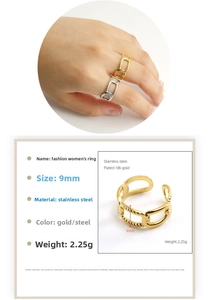 Detail view of 9mm chain-texture stainless steel open ring with 18K gold plated finish