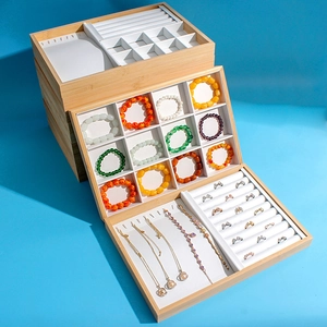 Jewelry Display Tray Bamboo Wood PU Leather Stackable Organizer For Ring Necklace Earrings Bracelet Storage Showcase Decor