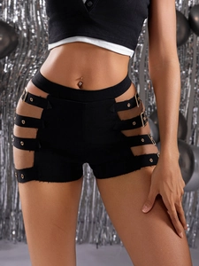 Damen Sexy High Waist Hollow Out Shorts Baumwollmischung Metallschnalle Clubwear Hot Pants