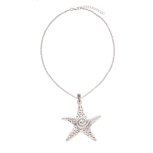 Vintage silver starfish pendant necklace with detailed texture on minimalist white background