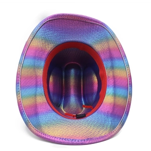 Internal view of rainbow cowboy hat featuring red sweatband and product wash label