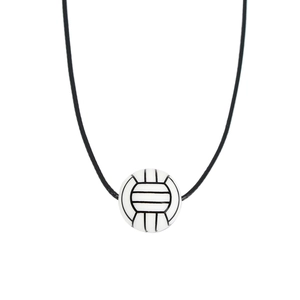 Detailed view of sports volleyball pendant with textured lines on a black adjustable cord
