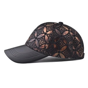 Thick checkered baseball cap with geometric bronze metallic pattern and black brim
