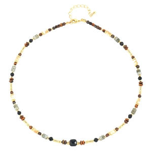Handmade beaded necklace with colorful natural stones and a black square faceted bead