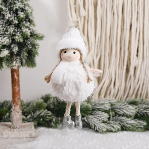 White plush Christmas angel doll ornament with knitted hat for tree decoration