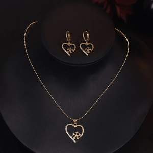 18K gold plated heart necklace and earrings set with snowflake zircon inlay