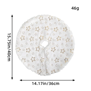 White plush Christmas tree skirt with gold stars showing dimensions 15.75in and 14.17in