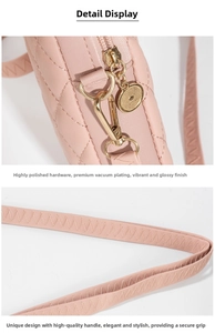 Detail of pink quilted handbag featuring high-polished gold hardware and wave-stitched handle