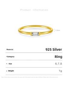 Close-up of 925 silver 1.2mm gold plated ring with rectangle cut zircon gemstone