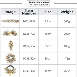 Detailed chart showing sizes and weights for golden Christmas wreaths and pinecone garlands