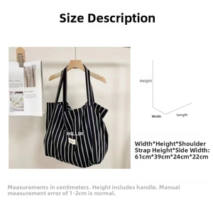 Detailed size chart of the large black and white striped canvas tote bag showing dimensions