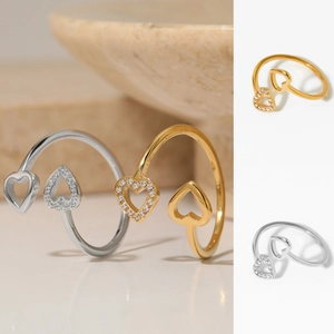 Bague Ajustable Double Cœur En Acier Inoxydable Avec Zircone Bijoux De Mode Pour Femmes
