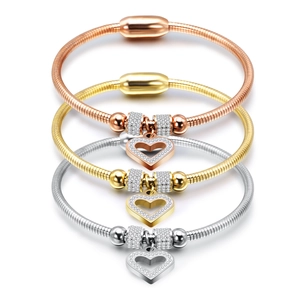 Three-piece heart charm snake chain bracelets with magnetic clasp in rose gold, gold and silver