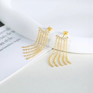 Detailed close-up of S925 sterling silver gold fringe earrings with white zircon stones