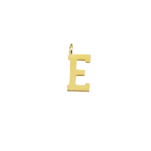 Close-up of golden stainless steel letter E pendant with hanging loop for DIY jewelry