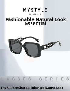 Detailed close-up showing the intricate hollow pattern on black square sunglasses temples
