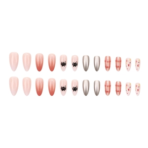 24pcs pink almond press-on nails with plaid patterns and cute cat art designs