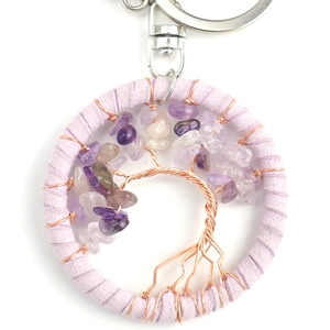 Macro detail of handmade tree of life keychain with purple amethysts and copper wire weave