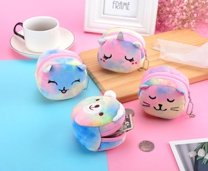 Tie-dye plush mini coin purse with cartoon embroidery and bead chain on table