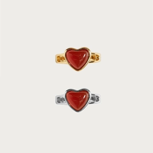 Vintage Red Agate Heart Ring Stainless Steel 18K Gold Plated Adjustable Open Finger Ring For Women