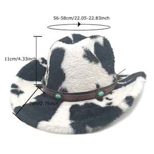 Faux fur cow print cowboy hat with turquoise band and detailed size measurements