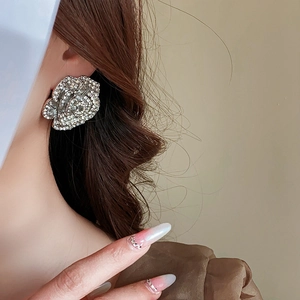 Détail de boucles d'oreilles fleur argentées avec cristaux de luxe portées par un mannequin