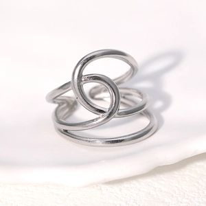Three-layer spiral stainless steel open ring with a minimalist polished silver finish