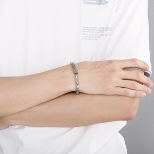 Men's retro stainless steel Byzantine king chain bracelet with rectangular clasp on wrist