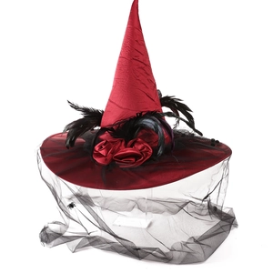 Burgundy Halloween witch hat with black feathers, roses and spider web mesh veil