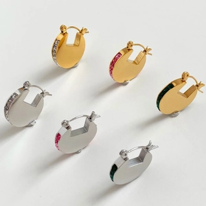Minimalist stainless steel hoop earrings with colorful zircon stones in gold and silver finish
