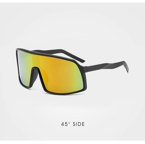 45-degree side view of matte black cycling sunglasses with orange mirrored lenses